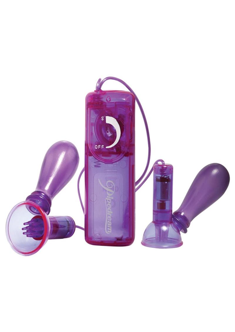 Purple vibrating nipple pumps with soft ticklers, adjustable dial, and suction cups for enhanced stimulation and pleasure.
Vibrating Nipple Pumps, purple nipple pumps, vibrating nipple stimulators, suction nipple toys, tickling nubs, adjustable vibration, phthalate-free, nipple play, bondage accessories, Pipedream Products, nipple suction.