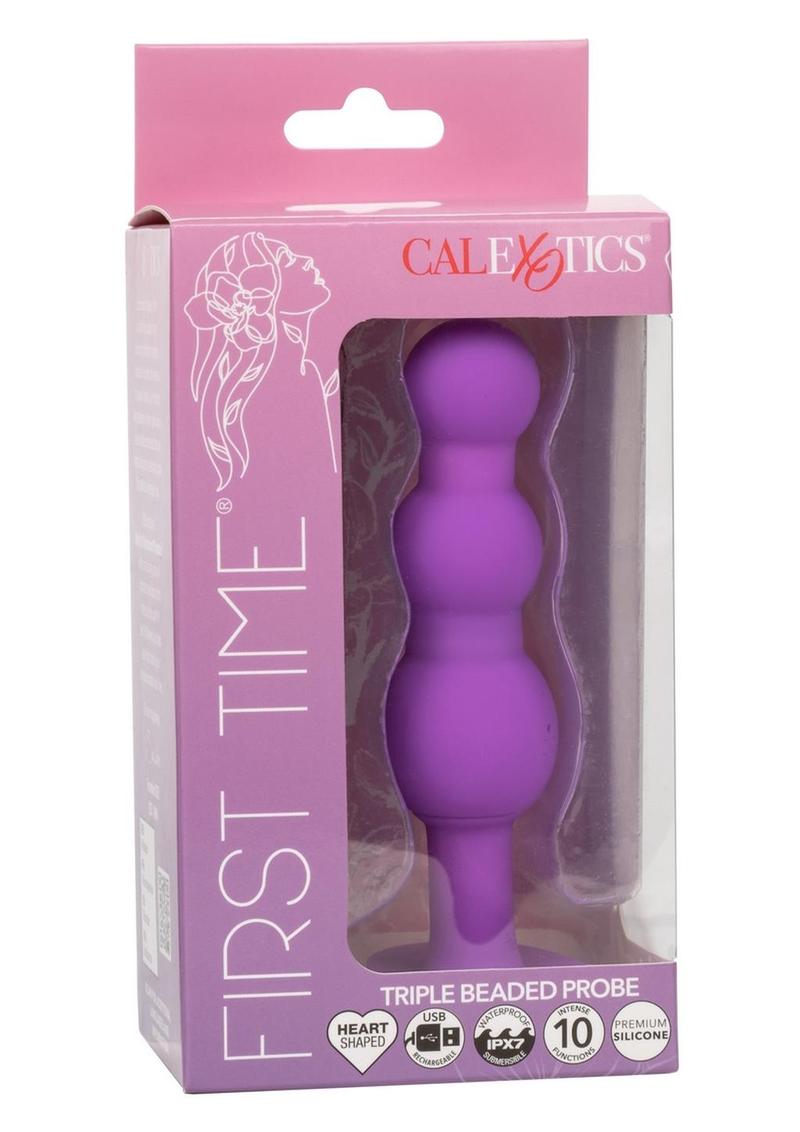 First Time Triple Beaded Silicone Rechargeable Anal Butt Probe  The product packaging for the First Time® Triple Beaded Probe, showcasing its key features like 10 vibration functions, waterproof rating (IPX7), USB rechargeability, and a 1-year warranty.