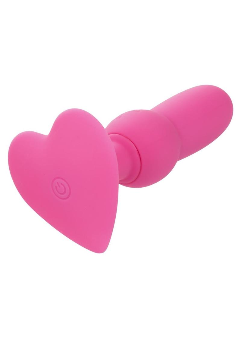 First Time Beginner Vibrating Beaded Silicone Rechargeable anal butt Probe A vibrant pink silicone vibrating probe with a heart-shaped base, presented upright for display.