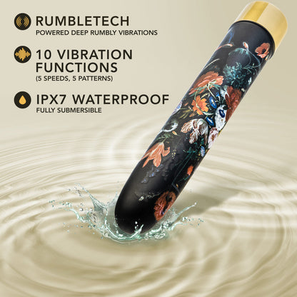 Elegant slimline vibrator with floral design, featuring RumbleTech™ deep vibrations, USB rechargeable, and waterproof functionality.
Keywords: RumbleTech vibrator, USB rechargeable vibrator, waterproof vibrator, slimline vibrator, floral vibrator, bath-friendly sex toy, body-safe vibrator, luxury adult toy, customizable vibrator settings, modern sex toys