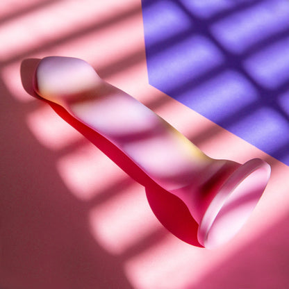 Vibrant pink and yellow silicone dildo with a curved design, suction base, and smooth finish, ideal for G-spot and P-spot play.
Keywords: curved dildo, Avant dildo, G-spot dildo, P-spot dildo, suction cup dildo, harness-compatible dildo, body-safe silicone dildo, Ultrasilk dildo, bright colorful dildo, artisanal sex toy.