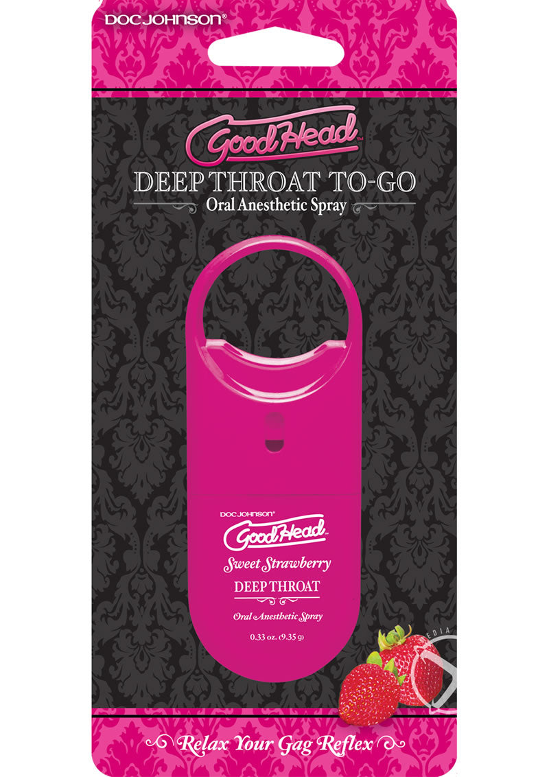 Goodhead Deep Throat To-Go Oral Anesthetic Spray Strawberry - .33oz

Sweet Strawberry GoodHead Deep Throat Spray, vegan and paraben-free, with mild numbing agent for comfortable and intimate experiences. Keywords: Deep Throat Spray, Sweet Strawberry, oral anesthetic, numbing spray, gag reflex reduction, vegan spray, paraben-free, sugar-free, travel-friendly, fresh breath, intimacy enhancer, made in America, mild numbing agent.