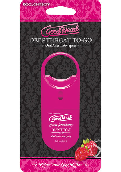 Goodhead Deep Throat To-Go Oral Anesthetic Spray Strawberry - .33oz

Sweet Strawberry GoodHead Deep Throat Spray, vegan and paraben-free, with mild numbing agent for comfortable and intimate experiences. Keywords: Deep Throat Spray, Sweet Strawberry, oral anesthetic, numbing spray, gag reflex reduction, vegan spray, paraben-free, sugar-free, travel-friendly, fresh breath, intimacy enhancer, made in America, mild numbing agent.