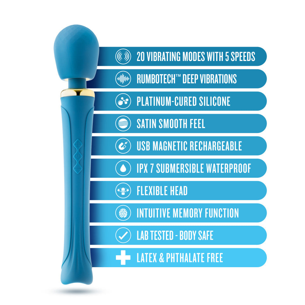 Teal wand massager with flexible silicone head, 20 RumboTech™ vibration modes, and waterproof design for full-body relaxation.

Keywords: wand massager, Dianna wand, RumboTech wand, personal massager, flexible head, waterproof wand, USB rechargeable, 20 vibration modes, body-safe silicone, satin smooth, self-care massager, luxury massager, full-body wand