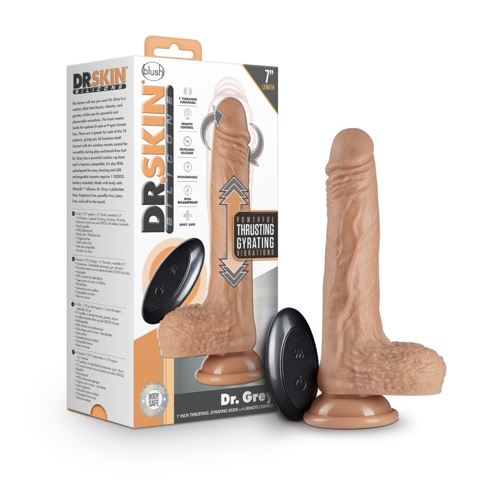 7" Thrusting Dildo with Remote Control + Suction Cup - Dr. Grey ♥ Dr. Skin Silicone By Blush®