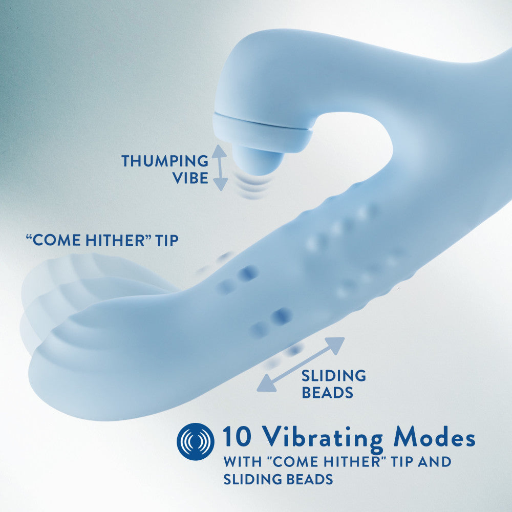 Blue dual-stimulation rabbit vibrator with sliding beads, come-hither motion, and clitoral massaging ball for waterproof play.

Keywords: rabbit vibrator, Devin vibrator, G-spot vibrator, clitoral stimulation, dual-stimulation, sliding beads vibrator, come-hither motion, waterproof vibrator, USB rechargeable, soft silicone, body-safe, 9.25-inch vibrator, massaging beads, clitoral thumper