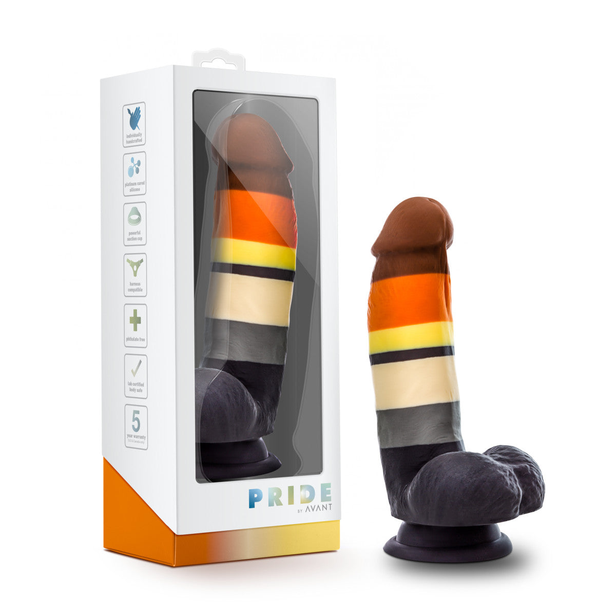 Multi-colored silicone dildo with realistic details, Bear Pride flag, thick girth, and a suction base, made with smooth Purio™ silicone.
Keywords: realistic dildo, Avant dildo, thick girthy dildo, Pride dildo, suction cup dildo, harness-compatible dildo, body-safe silicone dildo, Purio silicone dildo, colorful dildo, artisan-crafted dildo.