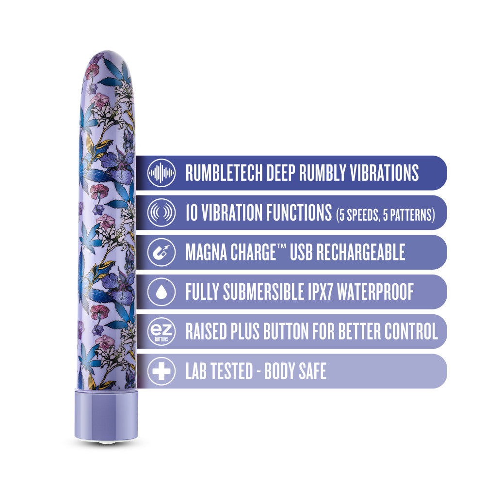 A set of three vibrators featuring psychedelic teal, mushroom-themed blue, and floral cannabis purple designs with customizable vibrations and waterproof functionality.

Keywords: psychedelic vibrator, slimline G-spot vibrator, RumbleTech vibrator, mushroom design vibrator, cannabis-inspired vibrator, waterproof sex toy, USB rechargeable vibrator, colorful vibrator, body-safe sex toy, stylish vibrators.