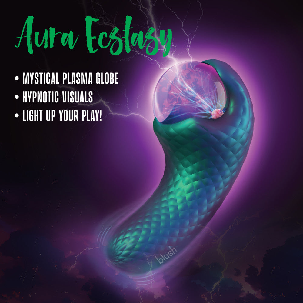 A mystical vibrator with a plasma globe, dual motors, and textured silicone design. Offers 10 vibration settings, USB charging, and a satin-smooth feel. Keywords: Temptasia Enchanted Serpent, plasma globe vibrator, dual motors, textured silicone, luxury vibrator, USB rechargeable, waterproof vibrator, 10 vibration settings, solo play vibrator, partner play toy, erotic fantasy vibrator