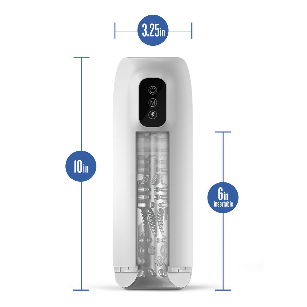 White vibrating and stroking male masturbator with Turbo Climax Boost, soft textured chamber, and USB rechargeable design.
Keywords: male masturbator, stroking masturbator, vibrating stroker, Robo-Bator, Turbo Climax Boost, soft inner chamber, USB rechargeable, IPX6 splashproof, phthalate-free, men's sex toy, powerful stroker, 7 modes vibrator, realistic texture