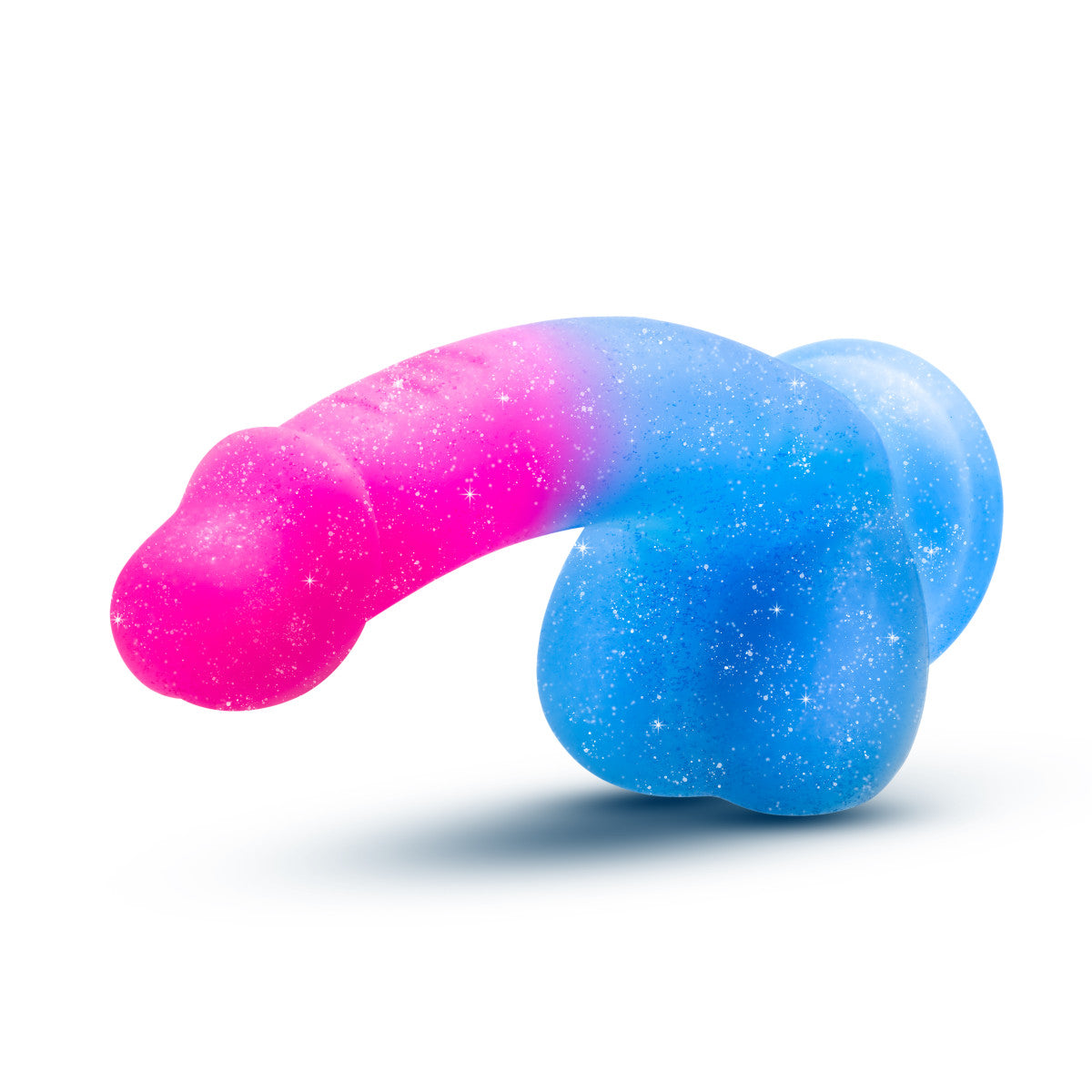 Gradient pink-and-blue silicone dildo with glitter sparkle, featuring a suction base and realistic design for G-spot or P-spot stimulation. 
Keywords: gradient dildo, Avant dildo, glitter dildo, suction cup dildo, strap-on compatible dildo, body-safe silicone dildo, realistic silicone dildo, Purio silicone, luxurious dildo, handcrafted sex toy.