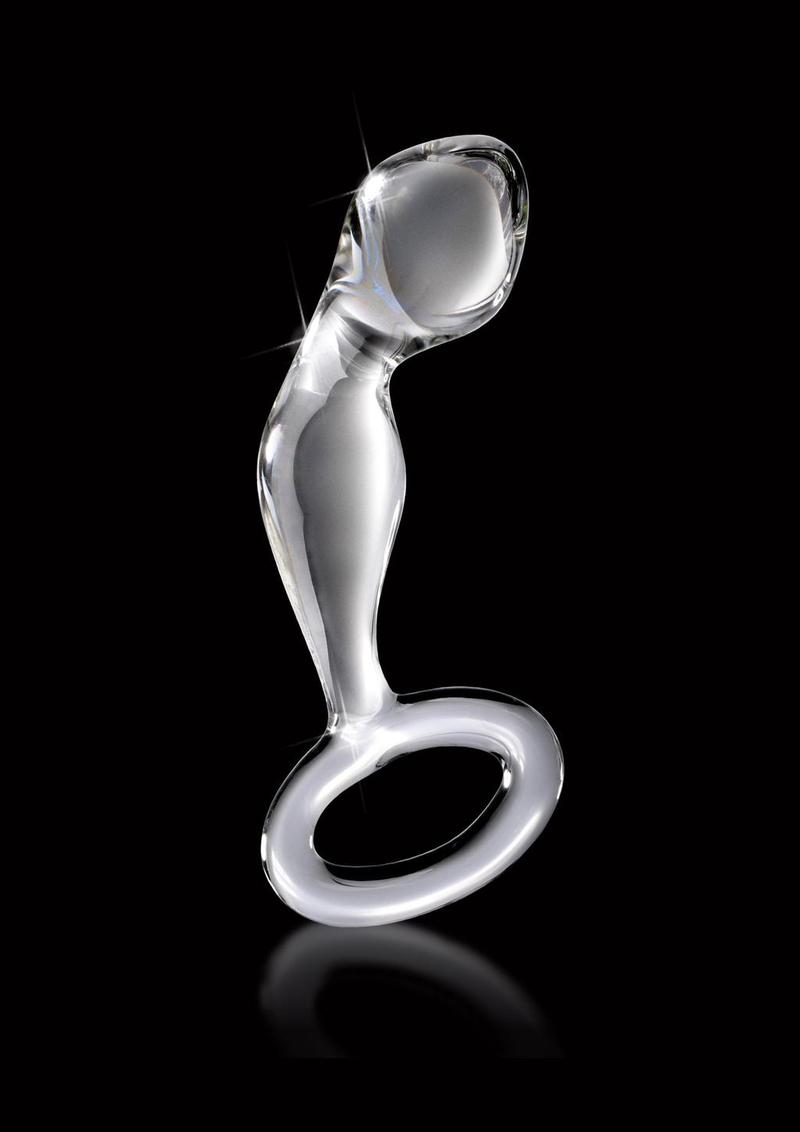 Clear glass anal plug with a tapered tip, stimulating bulbs, curved P-spot design, and ringed base for safe, luxurious play and temperature sensations.

Icicles No. 46, glass anal plug, P-spot stimulation plug, hand-blown glass plug, hypoallergenic anal toy, temperature play plug, ringed base glass plug, body-safe glass dildo, dishwasher-safe plug, luxury glass anal massager