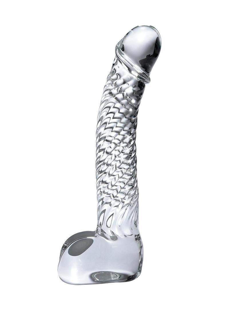 Clear glass massager with tapered tip, ribbed shaft, curved design, and lifelike balls for G-Spot or P-Spot stimulation and temperature play.

Icicles No. 61, beginner glass massager, glass G-Spot dildo, P-Spot glass wand, ribbed glass massager, lifelike glass massager, borosilicate glass toy, temperature play glass toy, body-safe glass dildo, hypoallergenic glass massager