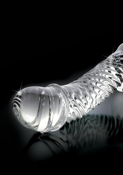 Icicles No. 61 Textured Glass G-Spot Dildo with Balls - Clear - 5in
Clear glass massager with tapered tip, ribbed shaft, curved design, and lifelike balls for G-Spot or P-Spot stimulation and temperature play.

Icicles No. 61, beginner glass massager, glass G-Spot dildo, P-Spot glass wand, ribbed glass massager, lifelike glass massager, borosilicate glass toy, temperature play glass toy, body-safe glass dildo, hypoallergenic glass massager