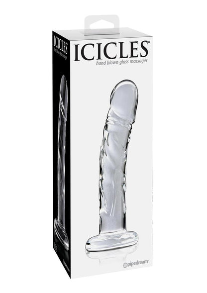 Elegant glass massager with a curved design, tapered tip, and harness-compatible base for G-Spot or P-Spot stimulation.

Icicles No. 62, glass massager, hypoallergenic glass toy, G-Spot stimulation wand, P-Spot glass toy, realistic glass dildo, temperature play toy, harness-compatible glass toy, dishwasher-safe glass massager, luxury glass wand.