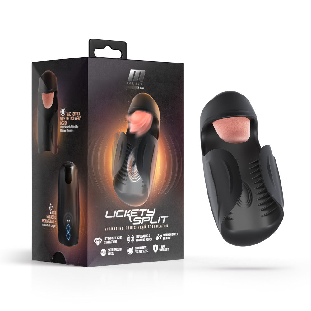 A sleek black penis stimulator with 10 tongue-teasing modes, pulsating shaft stimulation, and a ribbed taco wrap design. USB rechargeable and crafted from body-safe silicone. Keywords: vibrating penis stimulator, M For Men Lickety Split, tongue-teasing toy, pulsating vibration, ribbed wrap design, USB rechargeable stimulator, body-safe silicone, edging toy, male vibrator, black penis stimulator, customizable stimulation