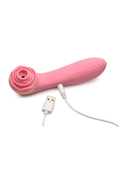 Suction rose vibrator with 10 suction levels, vibrating textured shaft, 3 speeds, 7 patterns, waterproof, rechargeable, body-safe silicone.

rose vibrator, clitoral suction vibrator, textured shaft vibrator, 10 suction levels, vibrating rosebud toy, waterproof silicone vibrator, rechargeable rose vibrator, body-safe silicone, rose clit stimulator, air-stim technology toy.