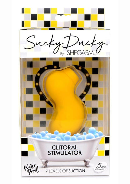 Compact clit stimulator shaped like a duck, available in Black, Pink, or Yellow, featuring 7 suction intensities, premium silicone material, and waterproof design.
Sucky Ducky, clit stimulator, waterproof clitoral toy, rechargeable clit sucker, 7 suction intensities, premium silicone vibrator, playful clit stimulator, bath-safe vibrator, novelty sex toy, Shegasm clit toy.