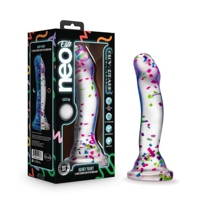 Glow-in-the-dark dildo with neon confetti, crafted from body-safe Purio™ silicone, featuring a curved design, suction base, and playful visual appeal. 
Keywords: glow-in-the-dark dildo, confetti dildo, silicone dildo, suction cup dildo, harness-compatible dildo, body-safe dildo, Purio silicone, G-spot dildo, P-spot dildo, fun adult toy. 