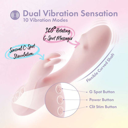 Pink rabbit vibrator with 10 vibration modes, 3-speed rotating G-spot massager, and waterproof silicone design. 
Keywords: rabbit vibrator, dual vibration modes, 360° rotating massager, G-spot vibrator, clitoral stimulator, waterproof vibrator, platinum-cured silicone, body-safe vibrator, USB rechargeable, pink vibrator, non-porous, IPX7 waterproof