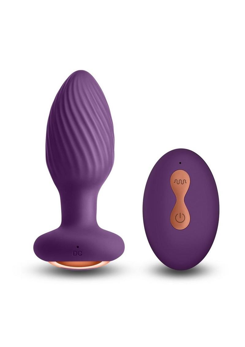 Inya Alpine Rechargeable Silicone Anal Butt Plug with Remote Control purple  view of the purple and blue Inya Alpine Rechargeable Silicone Anal Plugs with their respective remote controls.