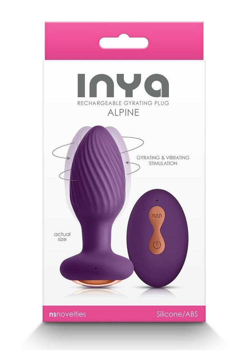 Inya Alpine Rechargeable Silicone Anal Plug with Remote Control - Purple Image of the Inya Alpine Rechargeable Silicone Anal Plug in purple with its remote control, showcased in its packaging.