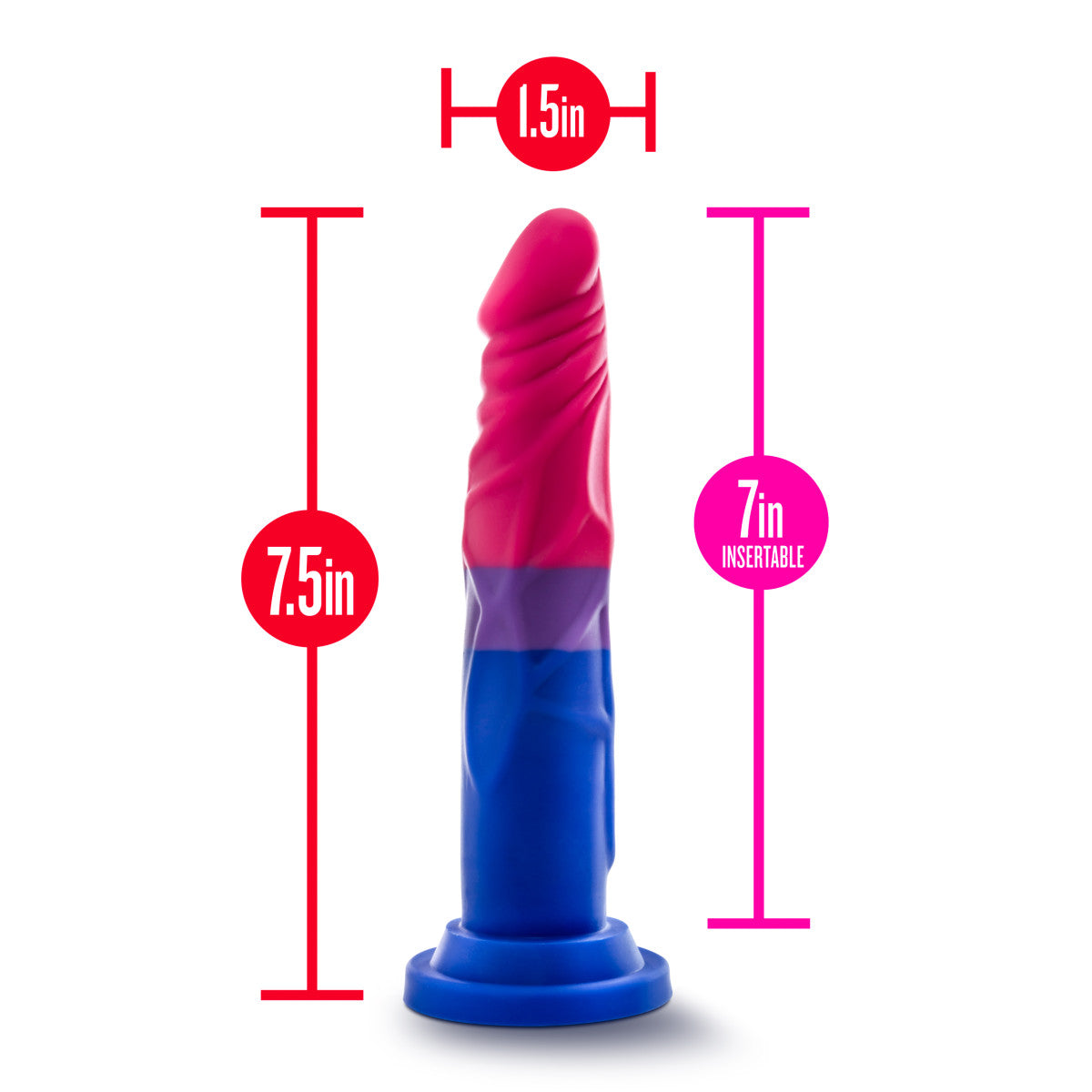 Bisexual pride-colored silicone dildo with a straight shaft, tapered head, and suction base, made from smooth Purio™ silicone.
Keywords: bisexual pride dildo, Avant dildo, straight shaft dildo, tapered head dildo, suction cup dildo, harness-compatible dildo, body-safe silicone dildo, colorful dildo, Purio silicone, artisan-crafted dildo.