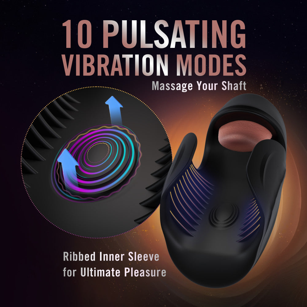 A sleek black penis stimulator with 10 tongue-teasing modes, pulsating shaft stimulation, and a ribbed taco wrap design. USB rechargeable and crafted from body-safe silicone. Keywords: vibrating penis stimulator, M For Men Lickety Split, tongue-teasing toy, pulsating vibration, ribbed wrap design, USB rechargeable stimulator, body-safe silicone, edging toy, male vibrator, black penis stimulator, customizable stimulation