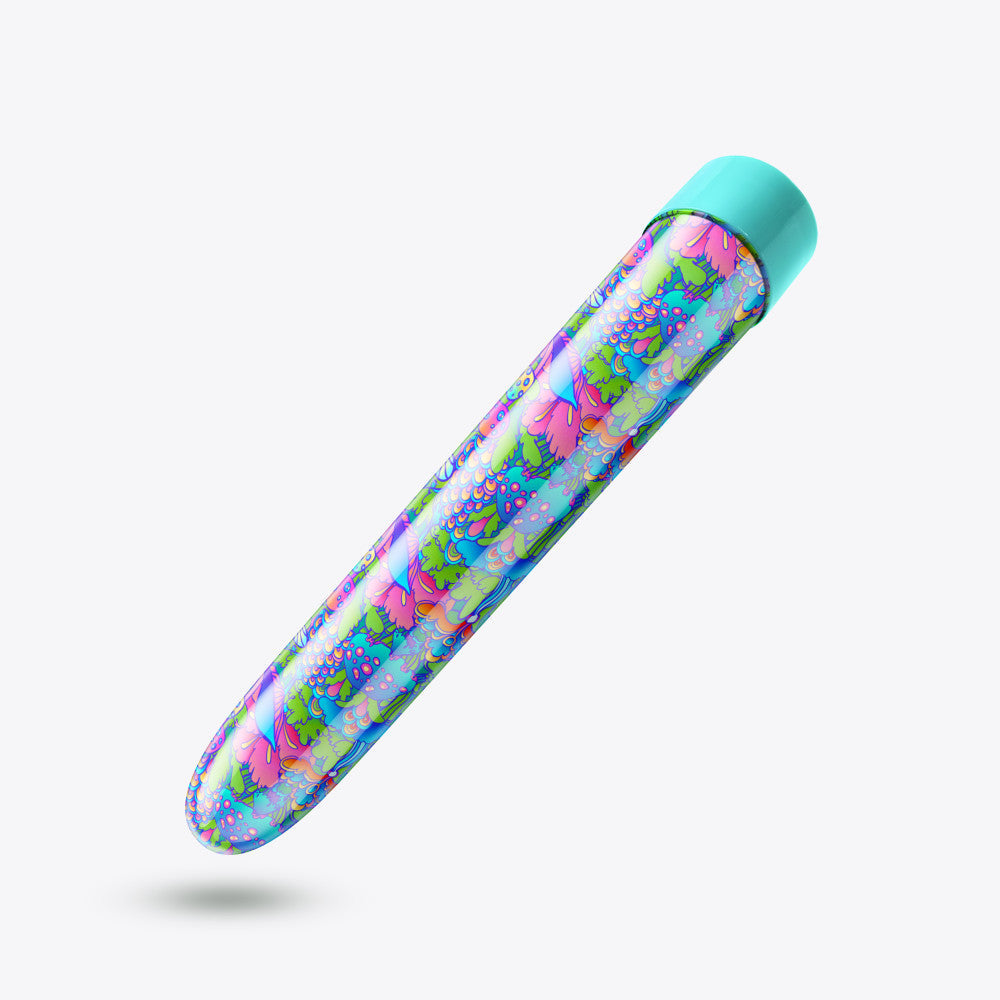 A set of three vibrators featuring psychedelic teal, mushroom-themed blue, and floral cannabis purple designs with customizable vibrations and waterproof functionality.

Keywords: psychedelic vibrator, slimline G-spot vibrator, RumbleTech vibrator, mushroom design vibrator, cannabis-inspired vibrator, waterproof sex toy, USB rechargeable vibrator, colorful vibrator, body-safe sex toy, stylish vibrators.