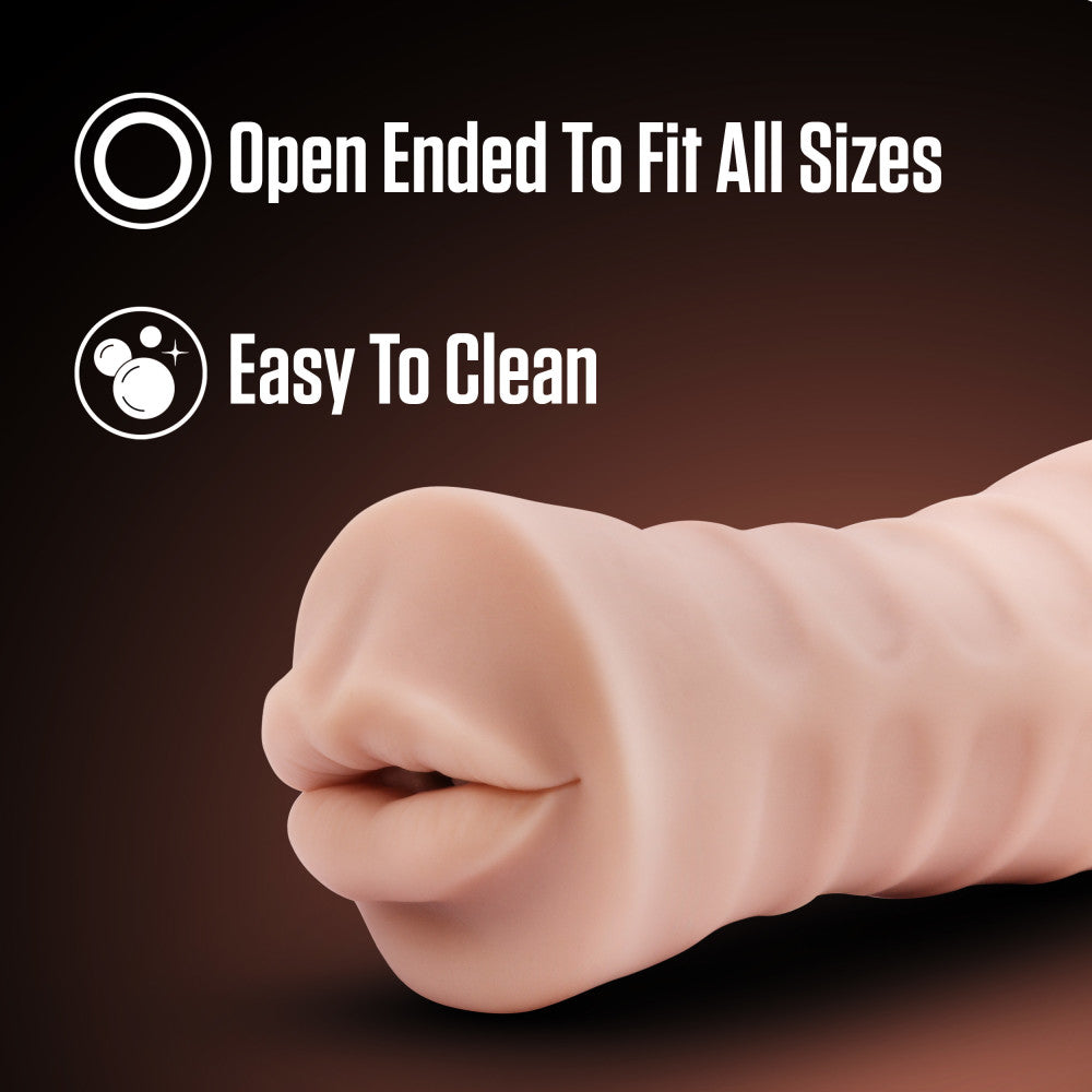 Beige male masturbator with a tight, nubbed canal, vibrating bullet, and ultra-soft X5® Plus material for realistic oral sensations.

male stroker, Nicole masturbator, vibrating stroker, tight canal, vibrating bullet, X5® Plus material, open-ended design, lifelike male toy, realistic sensations, compact masturbator, lube compatible, AI-inspired sex toy, portable stroker