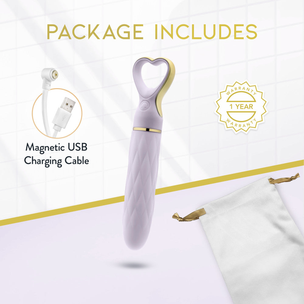 A chic, heart-shaped vibrator with 10 vibration modes, a tapered tip, and a gold-accented handle. Made from soft silicone, it’s splashproof, USB rechargeable, and compact for travel. 
Keywords: Delice vibrator, heart-shaped handle, chic vibrator, Puria silicone, UltraSilk finish, splashproof vibrator, USB rechargeable, travel-friendly vibrator, 10 vibration modes, compact vibrator, body-safe silicone, giftable vibrator