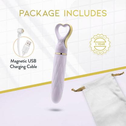 A chic, heart-shaped vibrator with 10 vibration modes, a tapered tip, and a gold-accented handle. Made from soft silicone, it’s splashproof, USB rechargeable, and compact for travel. 
Keywords: Delice vibrator, heart-shaped handle, chic vibrator, Puria silicone, UltraSilk finish, splashproof vibrator, USB rechargeable, travel-friendly vibrator, 10 vibration modes, compact vibrator, body-safe silicone, giftable vibrator