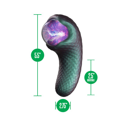 A mystical vibrator with a plasma globe, dual motors, and textured silicone design. Offers 10 vibration settings, USB charging, and a satin-smooth feel. Keywords: Temptasia Enchanted Serpent, plasma globe vibrator, dual motors, textured silicone, luxury vibrator, USB rechargeable, waterproof vibrator, 10 vibration settings, solo play vibrator, partner play toy, erotic fantasy vibrator