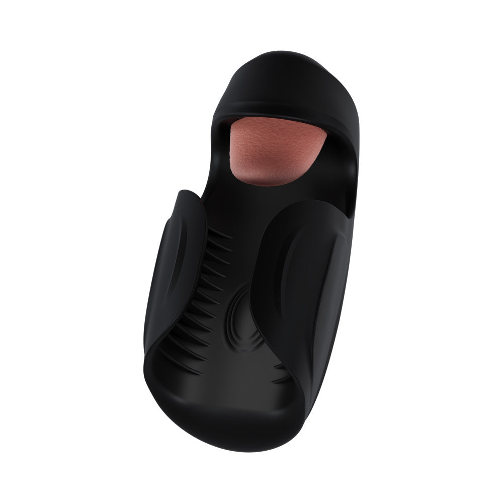 A sleek black penis stimulator with 10 tongue-teasing modes, pulsating shaft stimulation, and a ribbed taco wrap design. USB rechargeable and crafted from body-safe silicone. Keywords: vibrating penis stimulator, M For Men Lickety Split, tongue-teasing toy, pulsating vibration, ribbed wrap design, USB rechargeable stimulator, body-safe silicone, edging toy, male vibrator, black penis stimulator, customizable stimulation