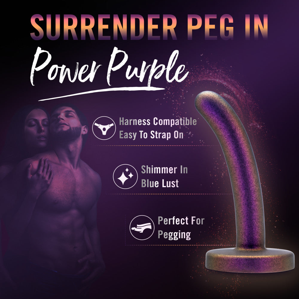 A shimmering purple strap-on-compatible dildo with a curved design, made from body-safe silicone for comfortable, beginner-friendly play.
Keywords: Temptasia Surrender Peg, beginner pegging dildo, harness compatible, Puria silicone dildo, UltraSilk finish, G-spot stimulation, strap-on play, purple dildo, body-safe silicone, slim dildo, beginner-friendly dildo