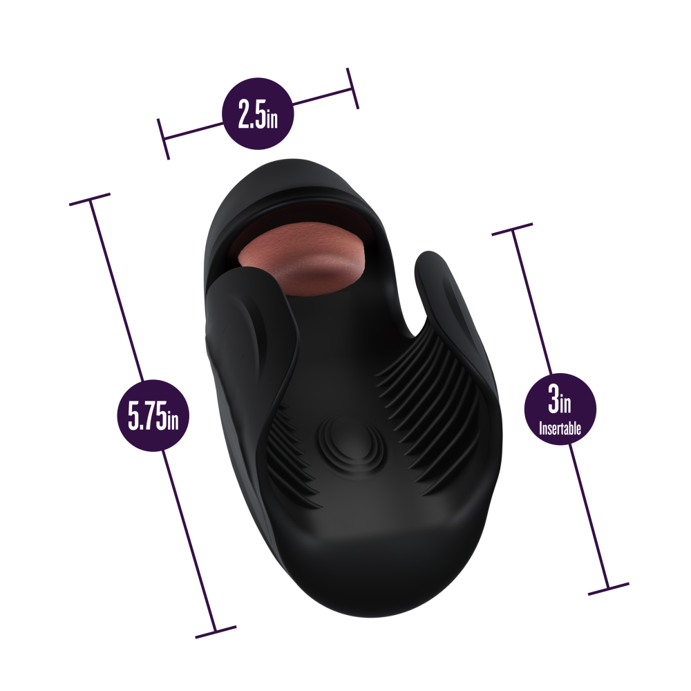 A sleek black penis stimulator with 10 tongue-teasing modes, pulsating shaft stimulation, and a ribbed taco wrap design. USB rechargeable and crafted from body-safe silicone. Keywords: vibrating penis stimulator, M For Men Lickety Split, tongue-teasing toy, pulsating vibration, ribbed wrap design, USB rechargeable stimulator, body-safe silicone, edging toy, male vibrator, black penis stimulator, customizable stimulation