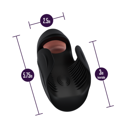 A sleek black penis stimulator with 10 tongue-teasing modes, pulsating shaft stimulation, and a ribbed taco wrap design. USB rechargeable and crafted from body-safe silicone. Keywords: vibrating penis stimulator, M For Men Lickety Split, tongue-teasing toy, pulsating vibration, ribbed wrap design, USB rechargeable stimulator, body-safe silicone, edging toy, male vibrator, black penis stimulator, customizable stimulation