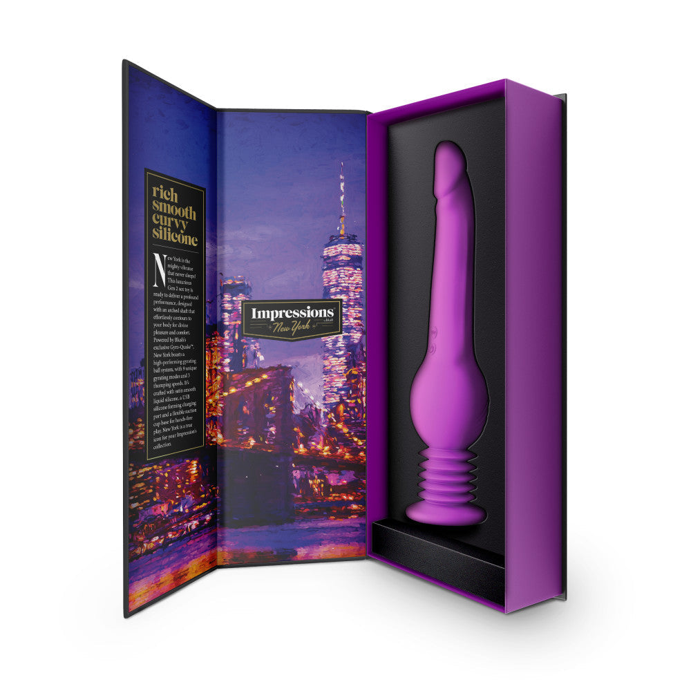 Purple G-spot dildo with thumping and vibrating Gen 2 Gyro-Quake™ technology, suction base, and waterproof silicone design.

Keywords: Impressions New York, vibrating dildo, G-spot dildo, thumping dildo, Gyro-Quake technology, silicone dildo, suction cup dildo, IPX7 waterproof, platinum-cured silicone, USB rechargeable, 9.75-inch dildo, ergonomic design, hands-free pleasure, luxury sex toy