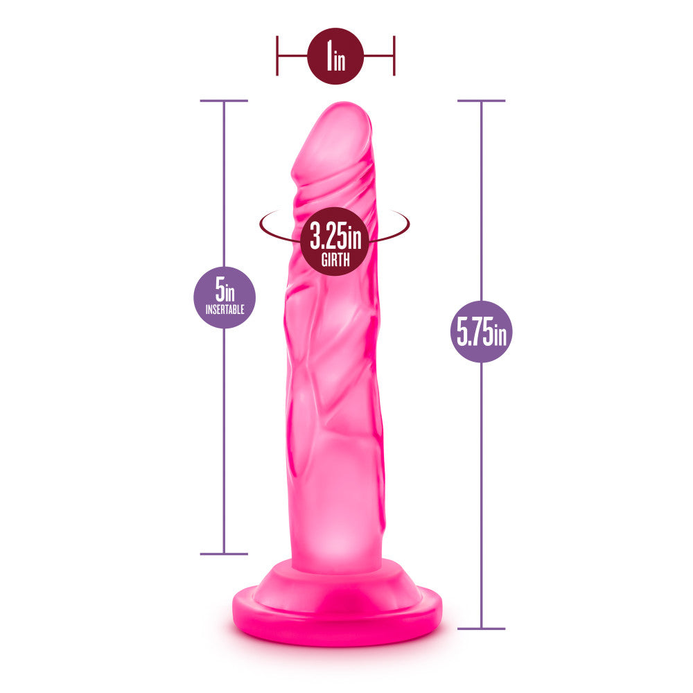 Naturally Yours 5 Inch Mini Cock, slim lifelike dildo with suction cup base and harness compatibility, available in pink or purple.

slim dildo, beginner-friendly dildo, pink dildo, purple dildo, harness-compatible toy, suction cup base, body-safe TPE, pegging dildo, realistic slim dildo, beginner anal toy