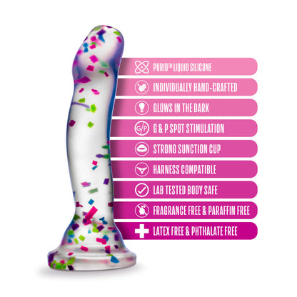 Glow-in-the-dark dildo with neon confetti, crafted from body-safe Purio™ silicone, featuring a curved design, suction base, and playful visual appeal. 
Keywords: glow-in-the-dark dildo, confetti dildo, silicone dildo, suction cup dildo, harness-compatible dildo, body-safe dildo, Purio silicone, G-spot dildo, P-spot dildo, fun adult toy. 