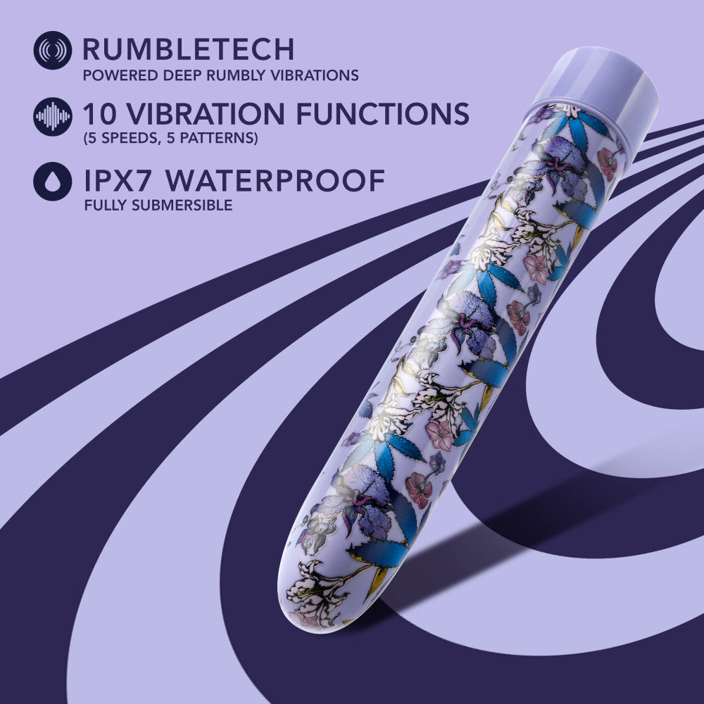 A set of three vibrators featuring psychedelic teal, mushroom-themed blue, and floral cannabis purple designs with customizable vibrations and waterproof functionality.

Keywords: psychedelic vibrator, slimline G-spot vibrator, RumbleTech vibrator, mushroom design vibrator, cannabis-inspired vibrator, waterproof sex toy, USB rechargeable vibrator, colorful vibrator, body-safe sex toy, stylish vibrators.