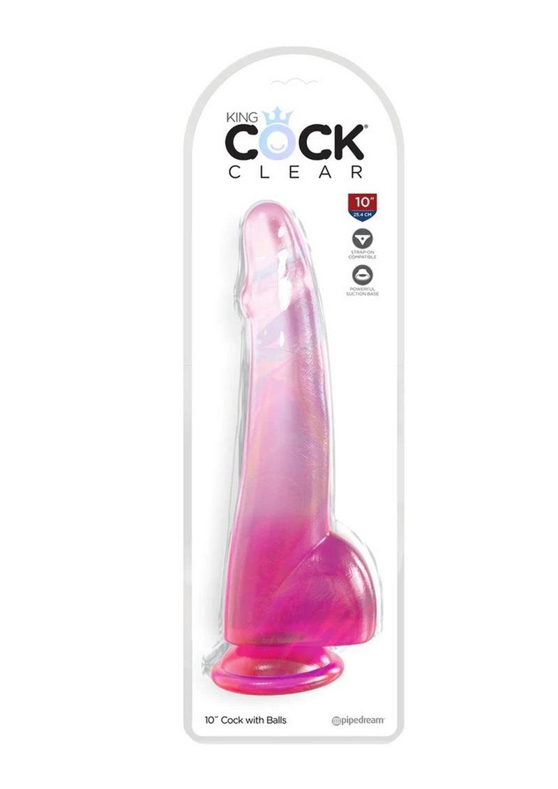 King Cock Clear Dildo with Balls - Clear/Pink - 10in