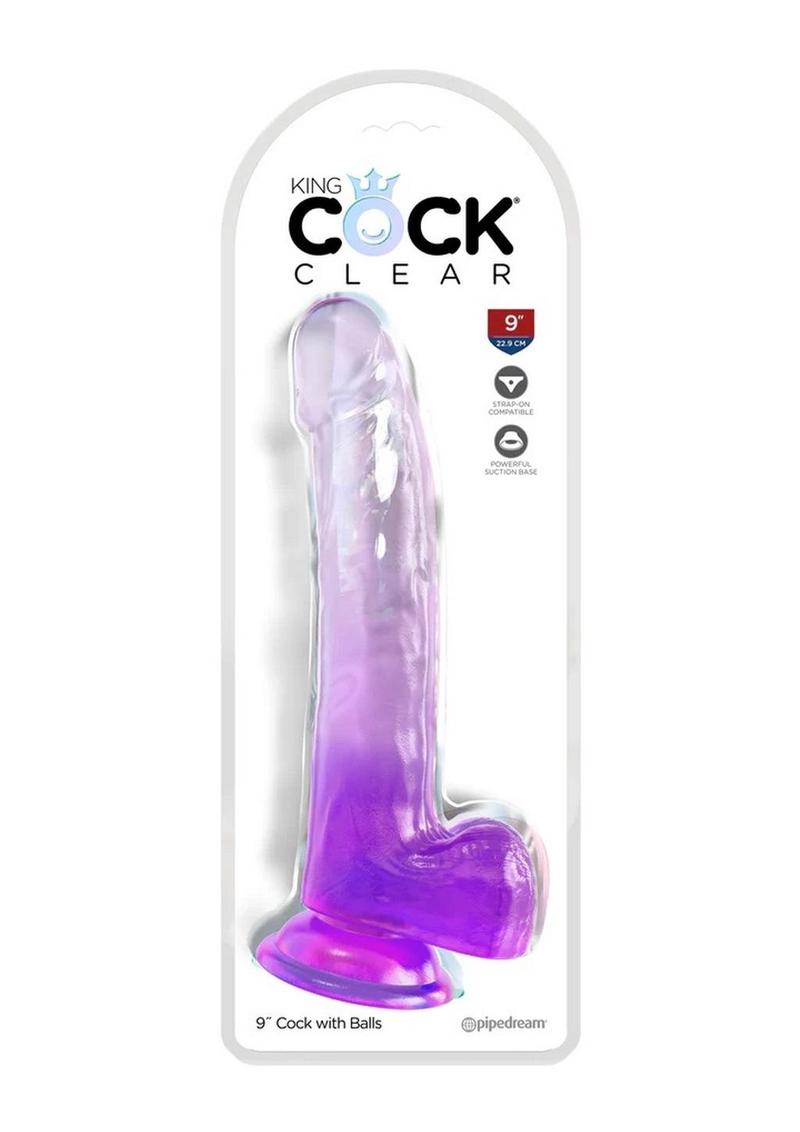 King Cock Clear Dildo with Balls - Clear/Purple - 9in Translucent King Cock Clear dildo with lifelike details, flexible shaft, suction cup base, and harness compatibility, available in Pink, Purple, or Clear.

translucent dildo, realistic suction cup dildo, lifelike dildo design, harness-compatible dildo, flexible shaft dildo, Pink dildo, Purple dildo, Clear dildo, body-safe TPE dildo, non-sticky easy-to-clean dildo.