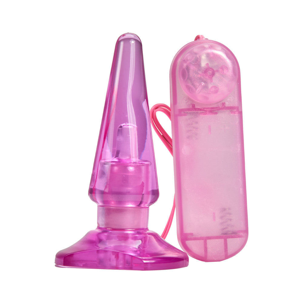 B Yours Basic Pleaser Vibrating Anal Plug, beginner-friendly, adjustable speeds, splashproof, PVC, available in blue and pink.
Keywords: vibrating anal plug, beginner anal toy, adjustable-speed anal plug, remote-control anal plug, waterproof anal plug, non-porous PVC plug, body-safe anal plug, blue vibrating anal plug, pink vibrating anal plug, anal plug for beginners.