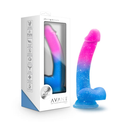 Gradient pink-and-blue silicone dildo with glitter sparkle, featuring a suction base and realistic design for G-spot or P-spot stimulation. 
Keywords: gradient dildo, Avant dildo, glitter dildo, suction cup dildo, strap-on compatible dildo, body-safe silicone dildo, realistic silicone dildo, Purio silicone, luxurious dildo, handcrafted sex toy.