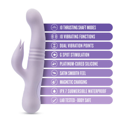 Lavender rabbit vibrator with thrusting vibrations, dual stimulation, and waterproof silicone design for G-spot and clitoral pleasure.

Keywords: rabbit vibrator, Rylee vibrator, thrusting vibrator, G-spot vibrator, clitoral stimulation, dual-stimulation vibrator, waterproof vibrator, USB rechargeable, platinum-cured silicone, soft silicone vibrator, 9.25-inch vibrator, satin smooth, body-safe vibrator