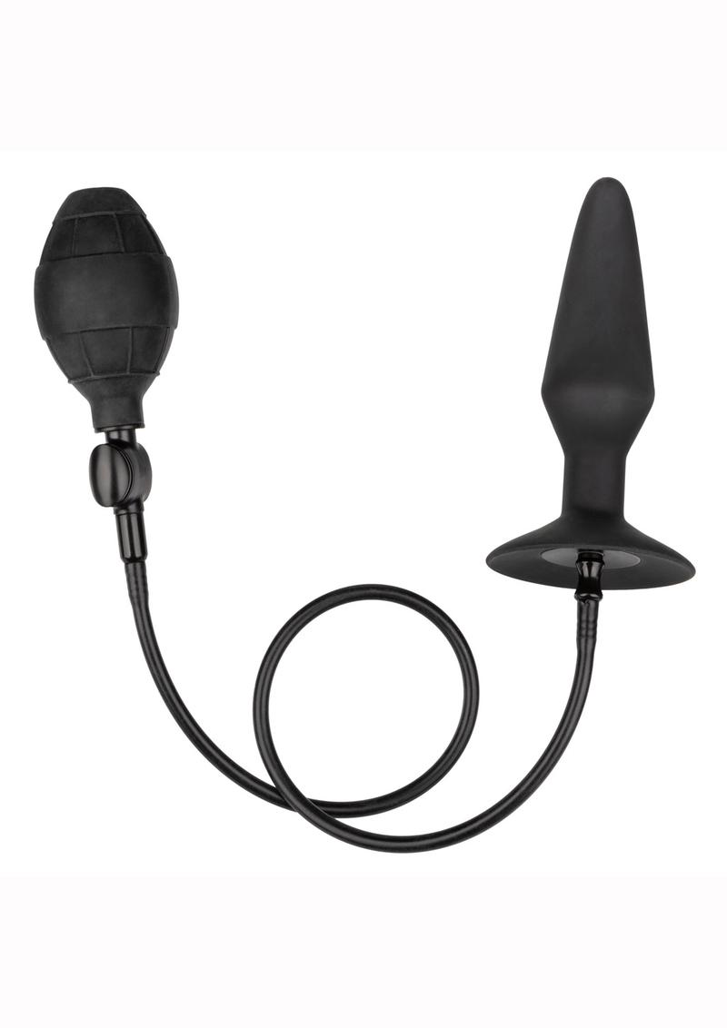 CalExotics Large Silicone Inflatable Plug. Featuring an inflatable design with a detachable hose, quick-release valve, and powerful suction cup base, this body-safe silicone probe offers customizable sizing and hands-free fun. Measures 5.25” x 1.5” before inflation.