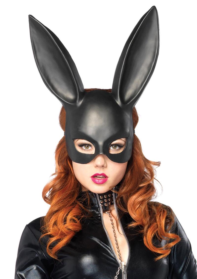 Leg Avenue Bondage Bunny Mask - Black - One Size Black Leg Avenue Bunny Rabbit Mask with tall ears and elastic strap for Halloween, masquerade, or cosplay events.