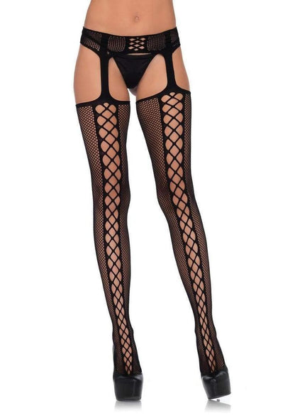 Leg Avenue Faux Lace Up Dual Net Backseam Stockings with Attached Garterbelt - Black Faux lace-up stockings, Leg Avenue garterbelt stockings, fishnet backseam stockings, edgy lingerie stockings, attached garterbelt hosiery, lace-up fishnet stockings, black garterbelt stockings, bold hosiery look, sexy lace-up tights