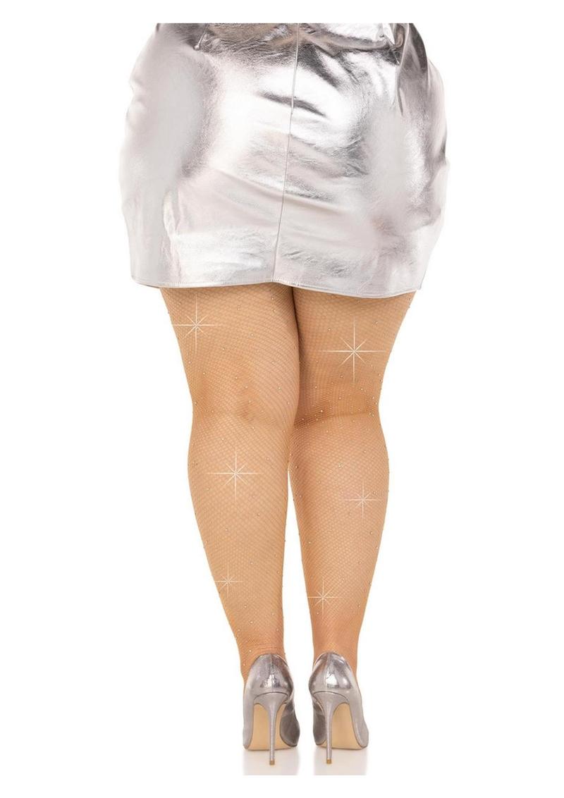 Leg Avenue Fishnet Crystalized Tights with Multi Sized Iridescent Rhinestones - Caramel - Plus Size